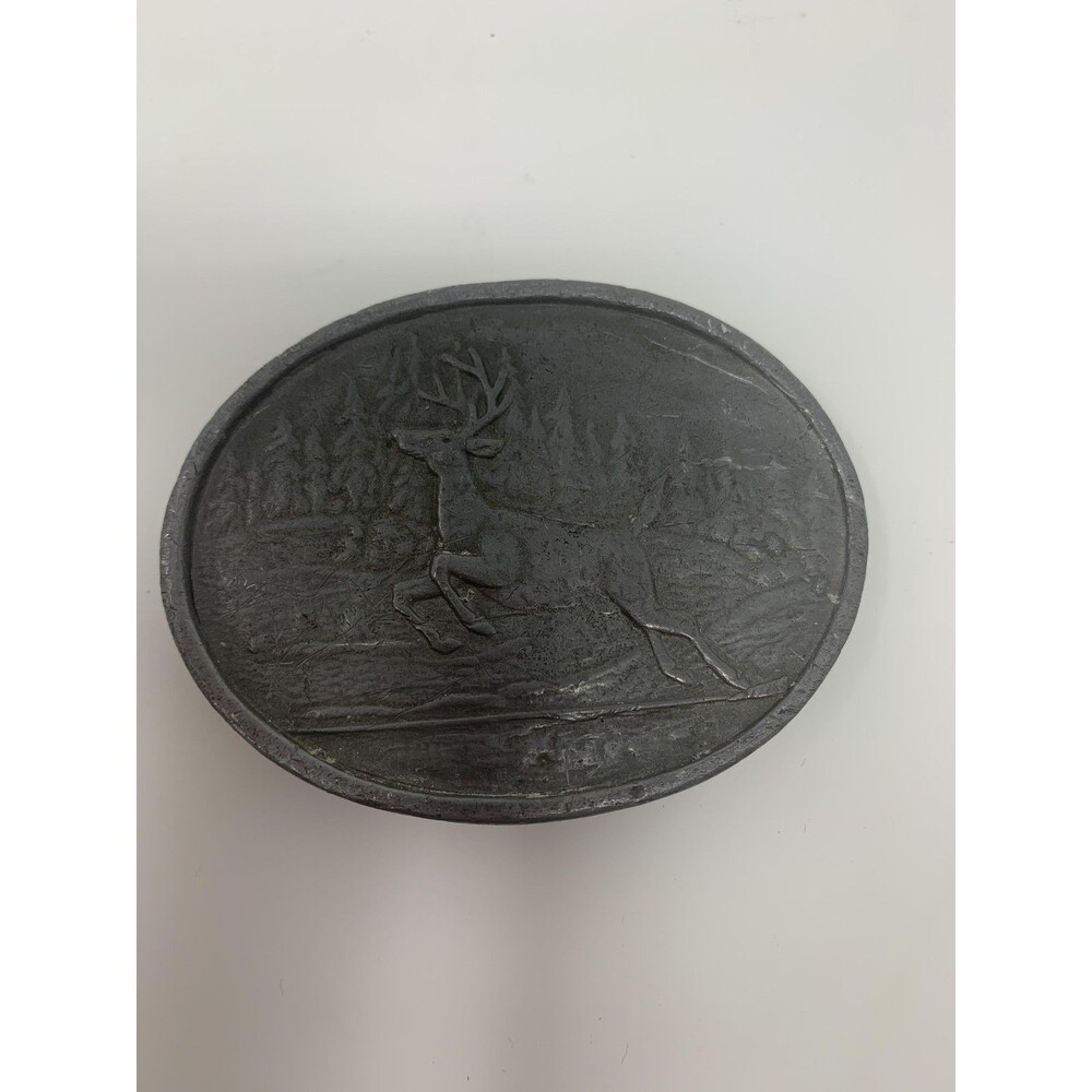 Vintage Pewter Deer Belt Buckle Oval Wildlife Outdoorsman Forest Scene Western